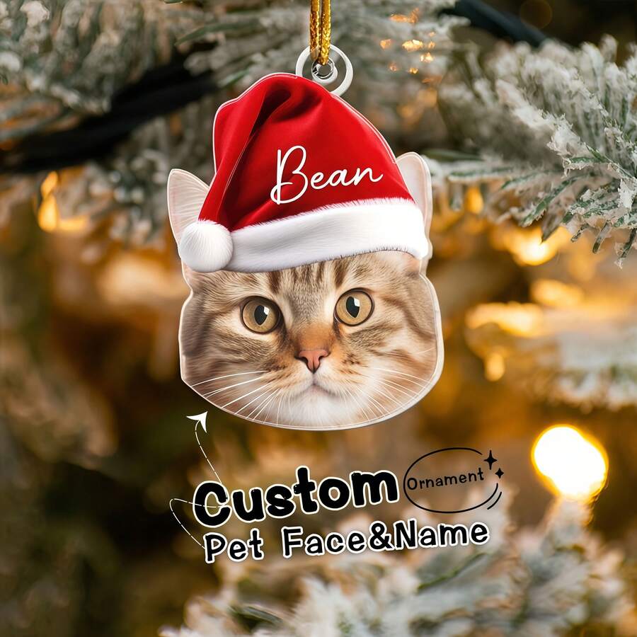 TEMU 2d Flat, 1pc Personalized Pet Face & Name Christmas Tree Ornament - Custom Cat/dog Memorial Or Birthday Gift, Acrylic Hanging Decoration With -
