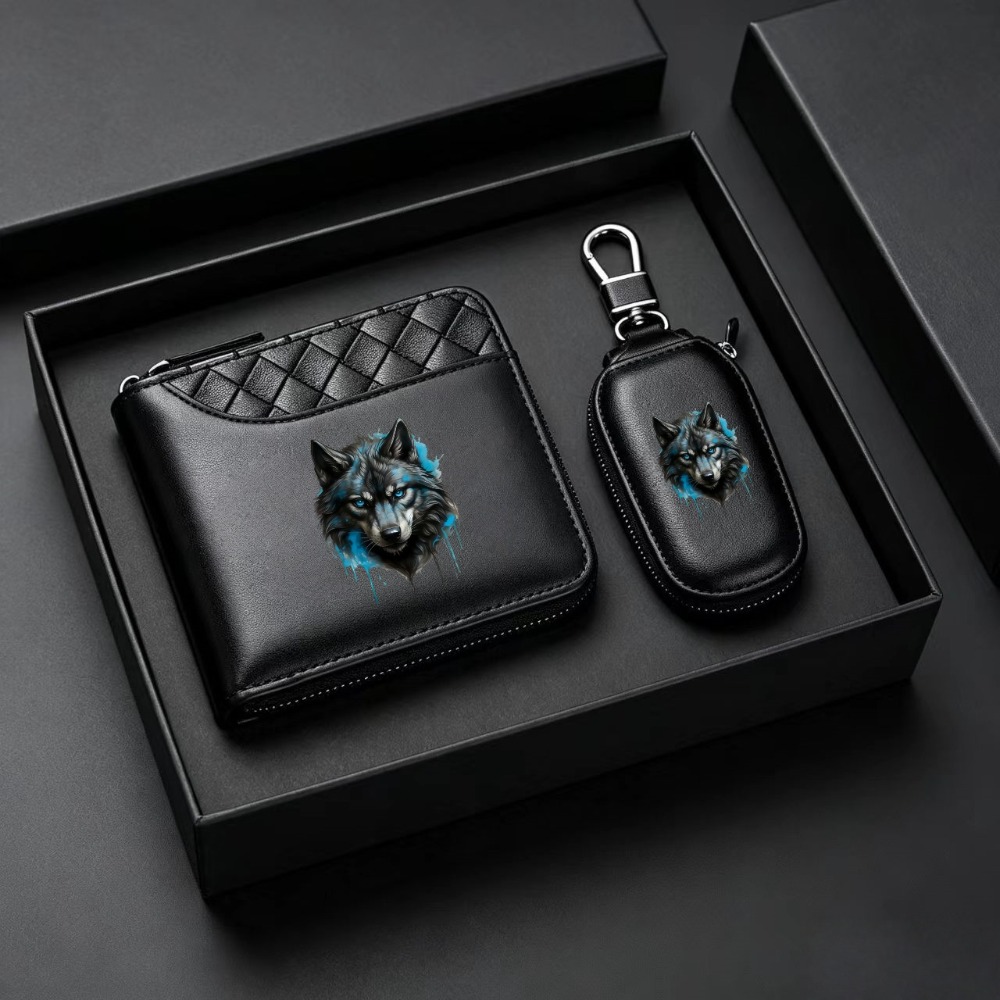 TEMU This Two-piece Premium Men's Wallet Set Features A Wolf Head Print Design And Comes With A Car Keychain. Made From Black Crocodile-patterned