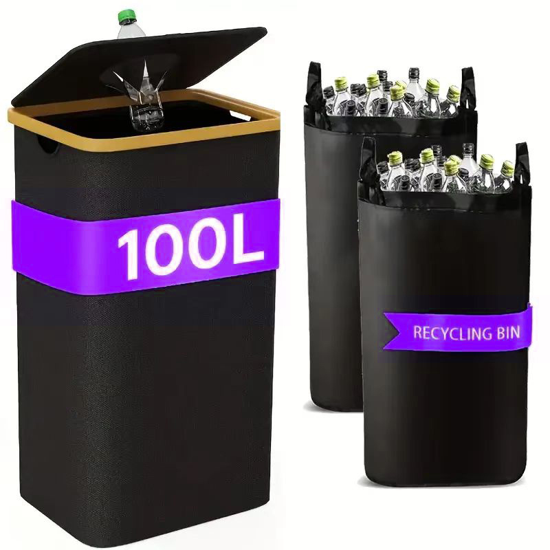 E-shop 100L Pfandflaschen-Sammelbehälter mit Deckel, Schwarz, zur Aufbewahrung von leeren Flaschen Glasabfällen mit Loch, inkl. 2 Tragetaschen,