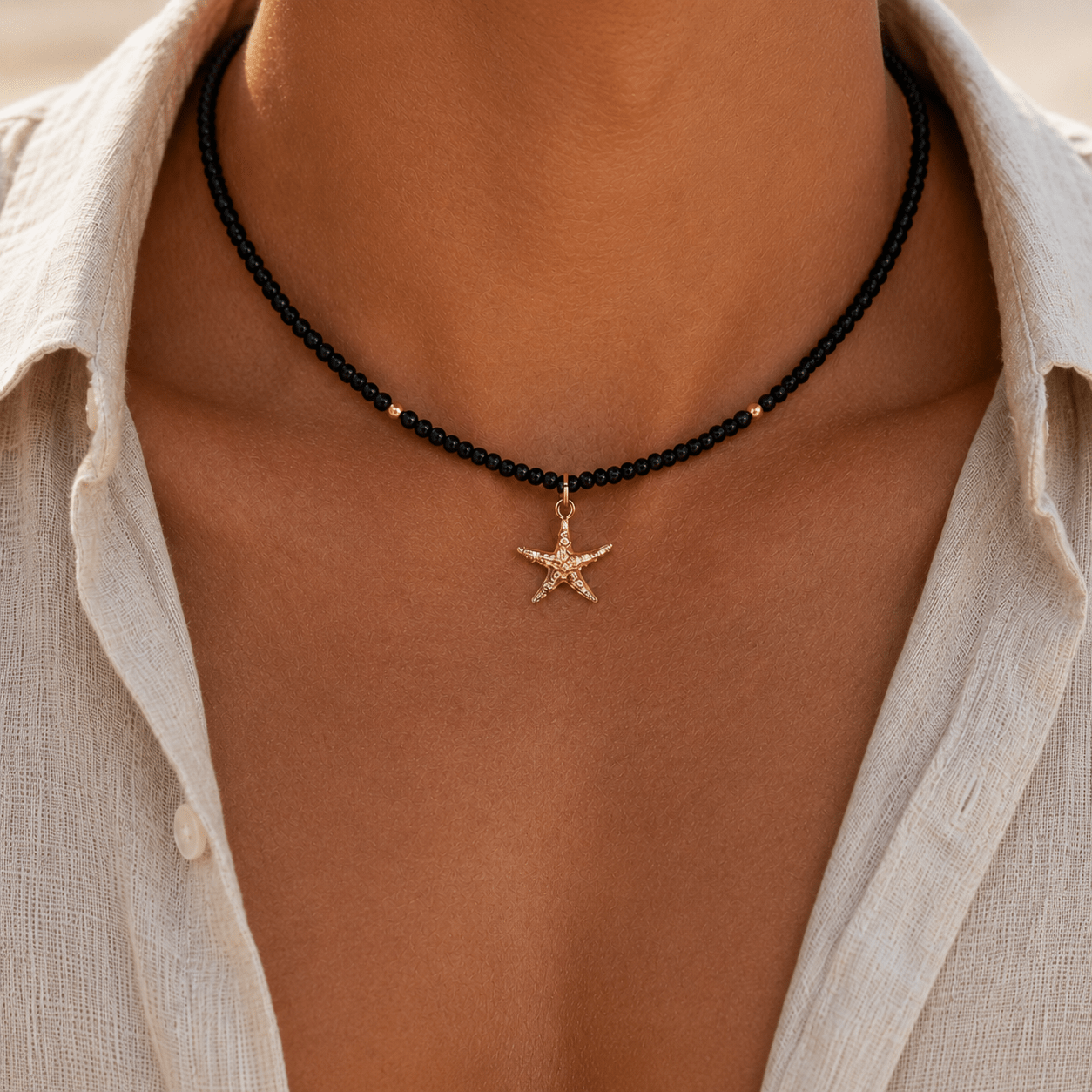 TEMU Collana regolabile unisex 1 pezzo stella marina testurizzata in e perline nere, souvenir di viaggio da spiaggia, adatta per uso , vacanze,