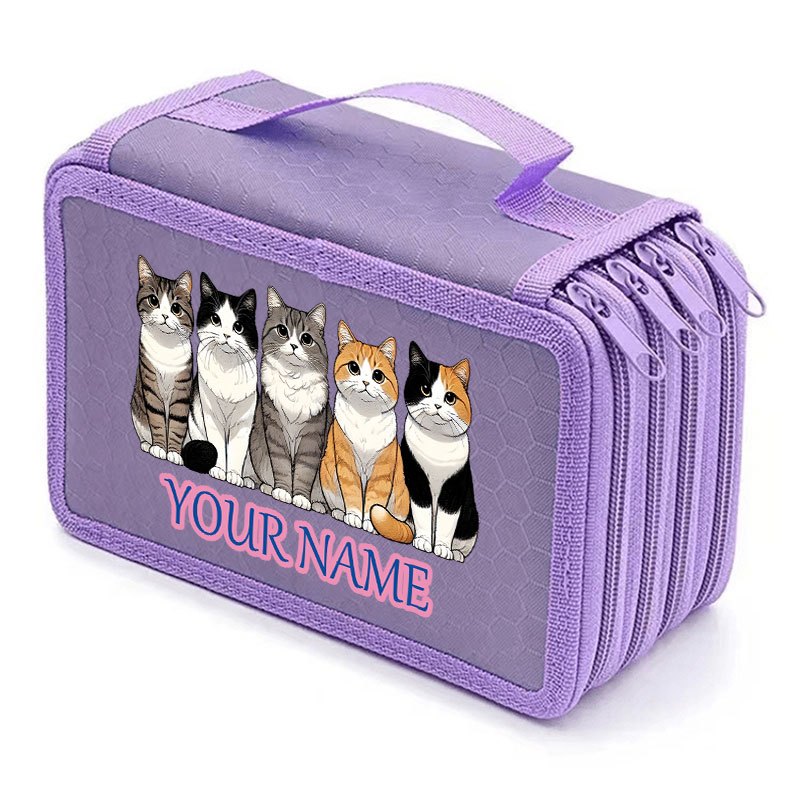 TEMU 1pc Customizable Name Cat Pattern Four-layer Pen Case, Large Capacity Portable Stationery Organizer Pouch For School And Office Supplies