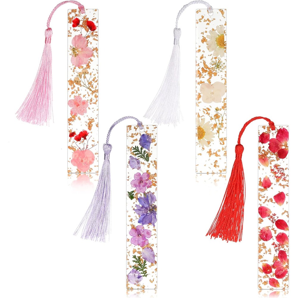 TEMU 4pcs Acrylic Bookmark Set, Transparent Floral Dried Flower Page Holder With Colorful Tassels, Suitable For Teachers, Women, Students