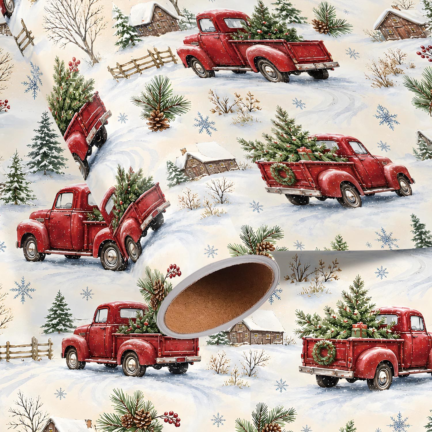 TEMU Rouleau de camion de Noël vintage - 17,7 pouces x 118 pouces, papier d'emballage rustique pour les fêtes avec camionnettes rouges, de Noël,