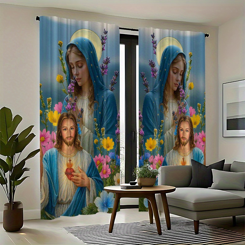 TEMU 2d Flat - 2d Flat - 2pcs 2d Printed, Divine Mercy Heart Of Pattern Curtains, Machine Washable Polyester Blackout Curtains, Suitable For Bedroom,