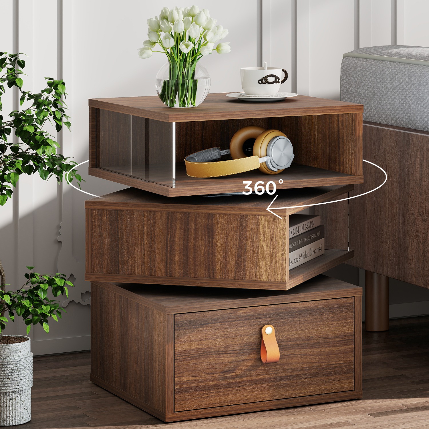 360° Rotating End Table with Glass Panels & Bottom Drawer