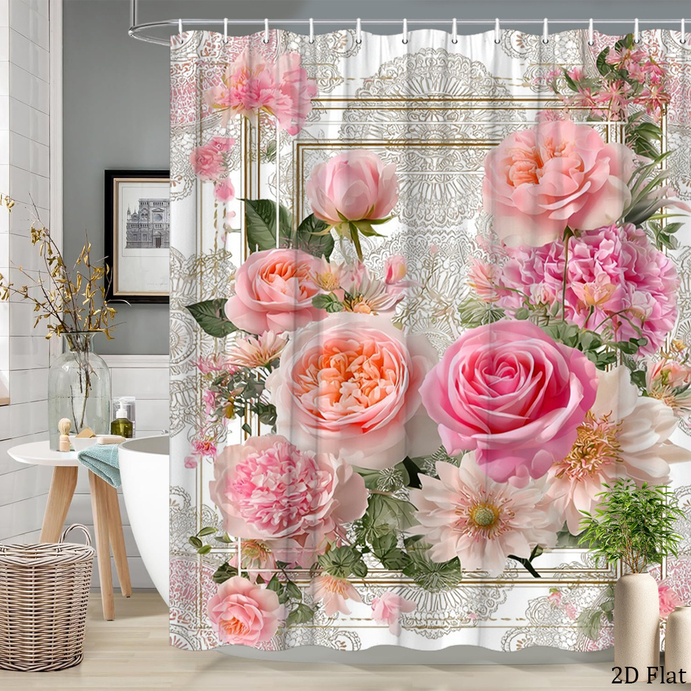 TEMU 2d Flat, 2d Flat, 1pc 2d Flat Floral Shower Curtain 70.8x70.8 Inch Featuring Roses And Floral Patterns For Elegant Bathroom Decor, Polyester