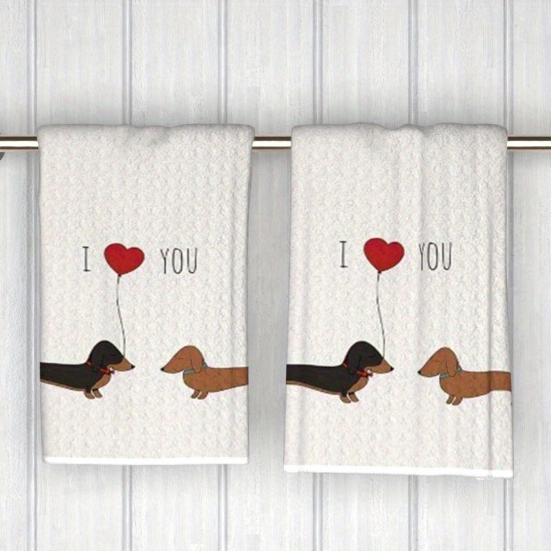 

2-pack Dachshund Love Towels, 18x26 Inch, Polyester, Contemporary Themed, Machine Washable, Cute Cartoon Design For Kitchen, Bathroom, Beach, Home Decor, Ideal Gift For Couples And Families