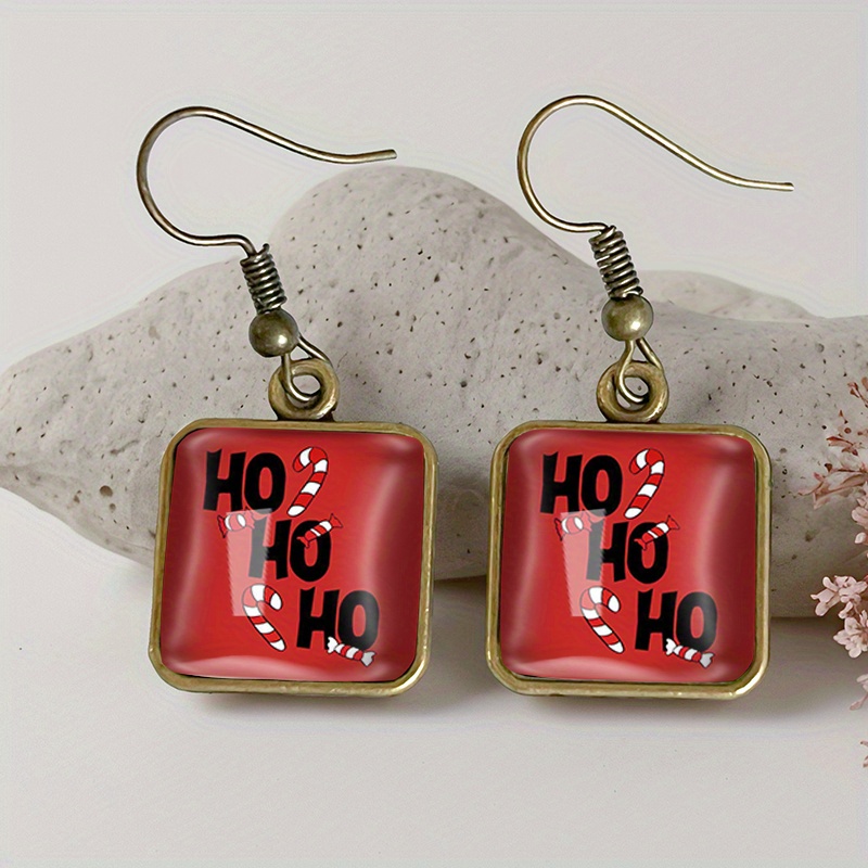 TEMU A Pair Of Vintage Glass Drop Earrings With A Christmas Square Design, Handmade Gift, Without Battery
