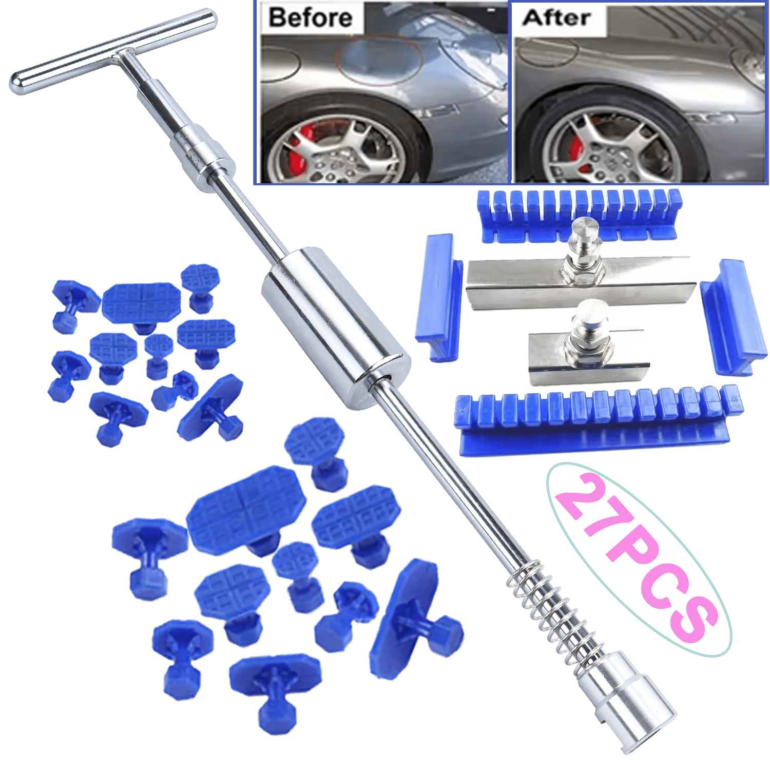 TEMU 27pcs Besper Paintless Dent Repair (pdr) Tool Kit With T-dent Puller, Suction Cup & Slide Hammer - Car Dent Removal System For Auto Body,