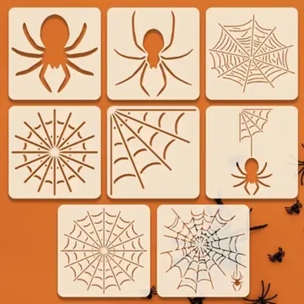 TEMU 8pcs Halloween And Web Hollow Painting Template Set | Horror / Spray Painting Stencils | Halloween Party Wall/window Flower Decoration Cardboard