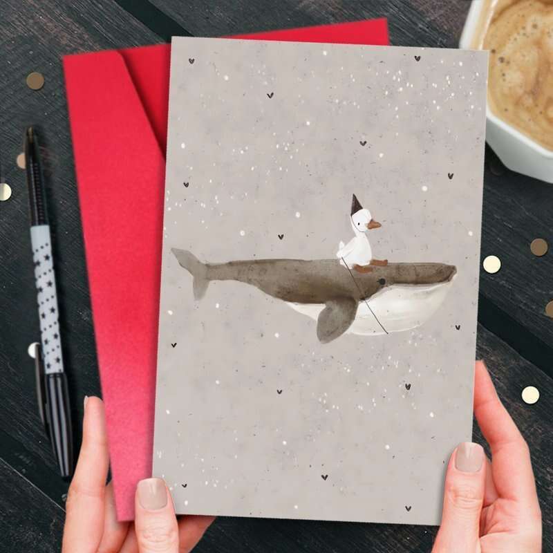 TEMU 1 Funny German Greeting Card With Funny Whale And Duck Patterns - Suitable For Birthdays, Anniversaries, Humorous Animal-themed Designs To Thank