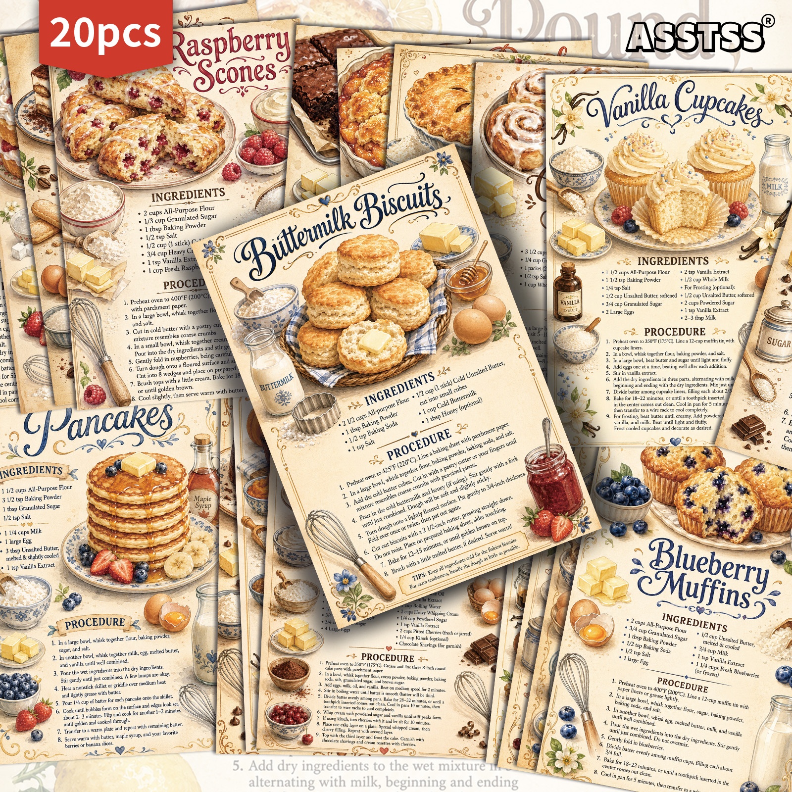 TEMU 20-pack Asstss Vintage Baking Recipes Postcards - 4x6 Inches Retro Junk Journal Supplies, Classic Pinup Illustrations Collectible Decorative