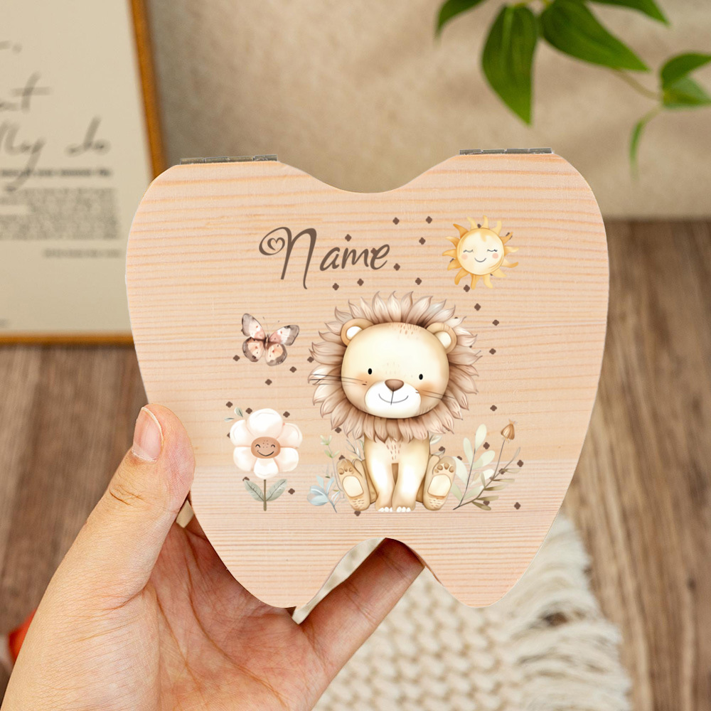 TEMU de madera para dientes con abatible - Adorable , león, para guardar recuerdos, adecuada para regalos de bautizo, dentales, preservación de
