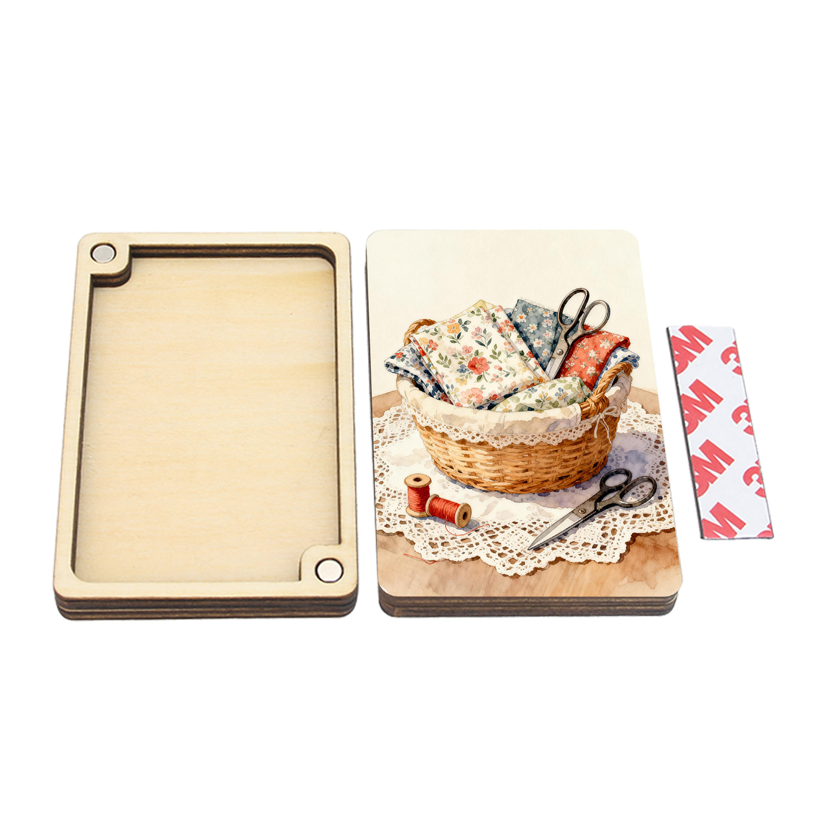 TEMU 1 Set Of Square Wooden Needle And Thread Storage Box, Sewing Needle Storage Box, Watercolor Fabric Basket Scissors Thread Spool Printing,