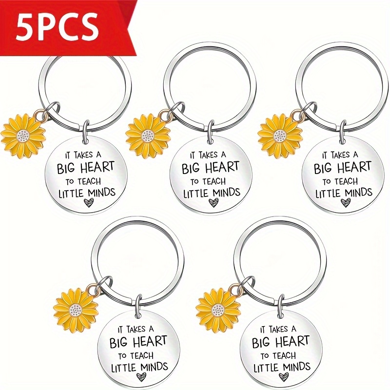 TEMU 5pcs Set Of 5 Cute Teacher Keychains- " Young Hearts With A Mind" Designed With Cute Daisies