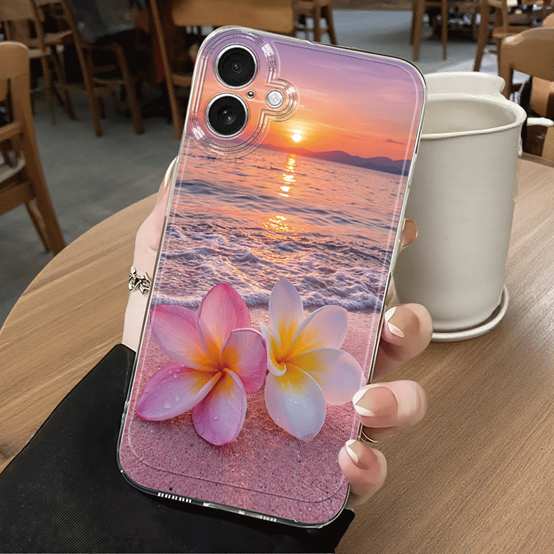 TEMU Étui de téléphone : Motif imprimé 2D Fleurs de plage au coucher , compatible avec iPhone 17, 17 Air, 16, 15, 14, 13, 12, 11, Pro Max, X, XS, XR,