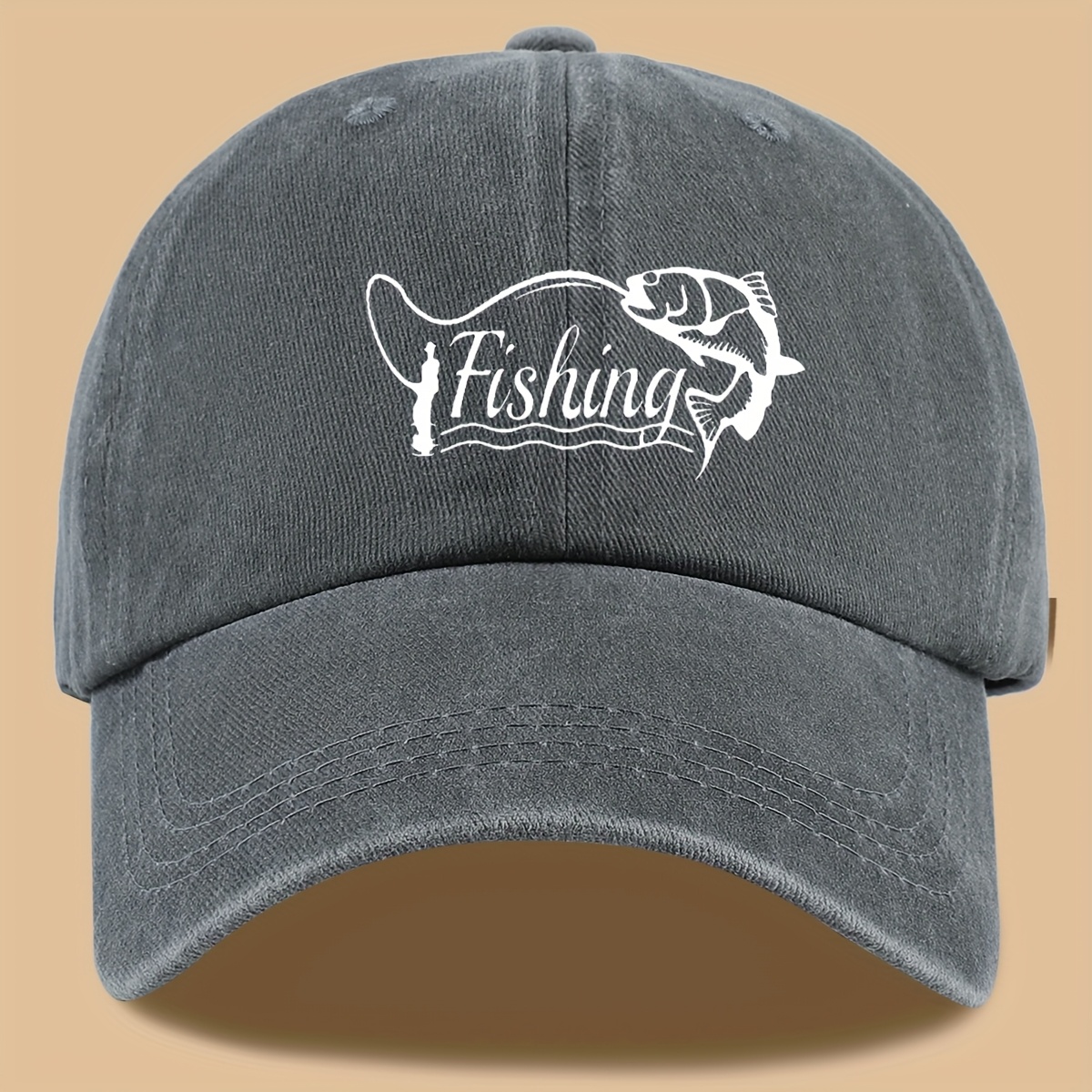 TEMU 1pc "fishing Fish Print Outdoor Baseball - Cute Washed Curved Brim, Breathable And Adjustable Unisex Sun Hat, Suitable For Cycling, Fishing,