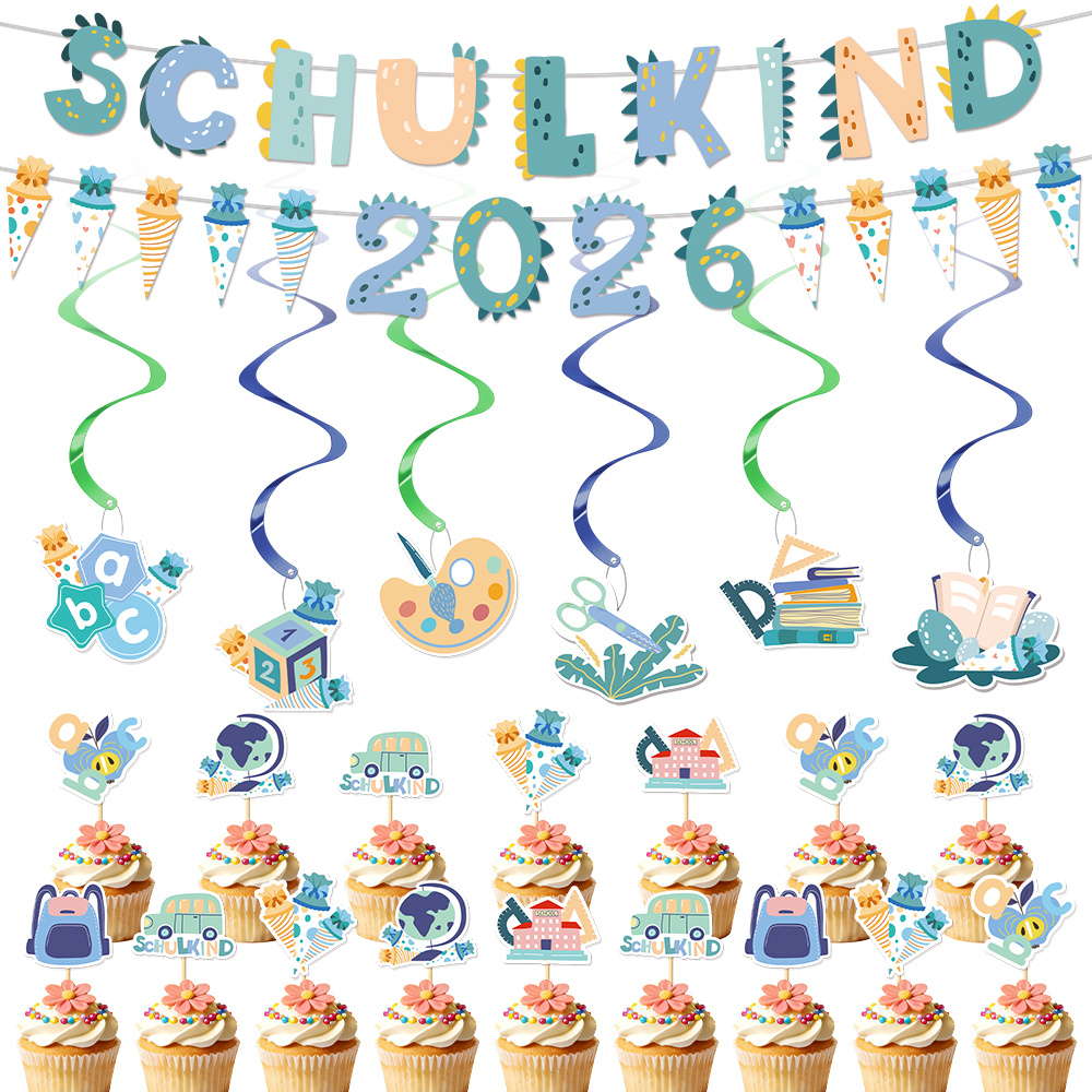 Image of Party Supplies Set, 38pcs Back-to-school Party Decorations, Including A German 'schulkind' Banner, Hanging Swirls, Cupcake Topper Decorations, Suitable For Day Of 2026
