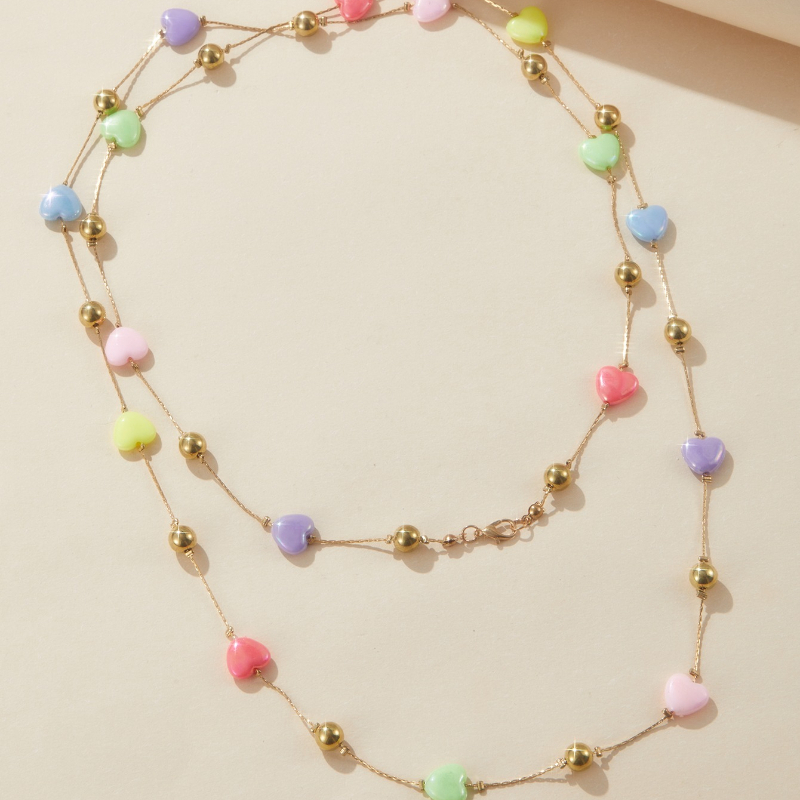 TEMU Bohemian Long Multi--shaped Necklace, Suitable For Women - Colorful Candy-like Heart Decoration, Elegant And Design For Casual Wear Or Parties,