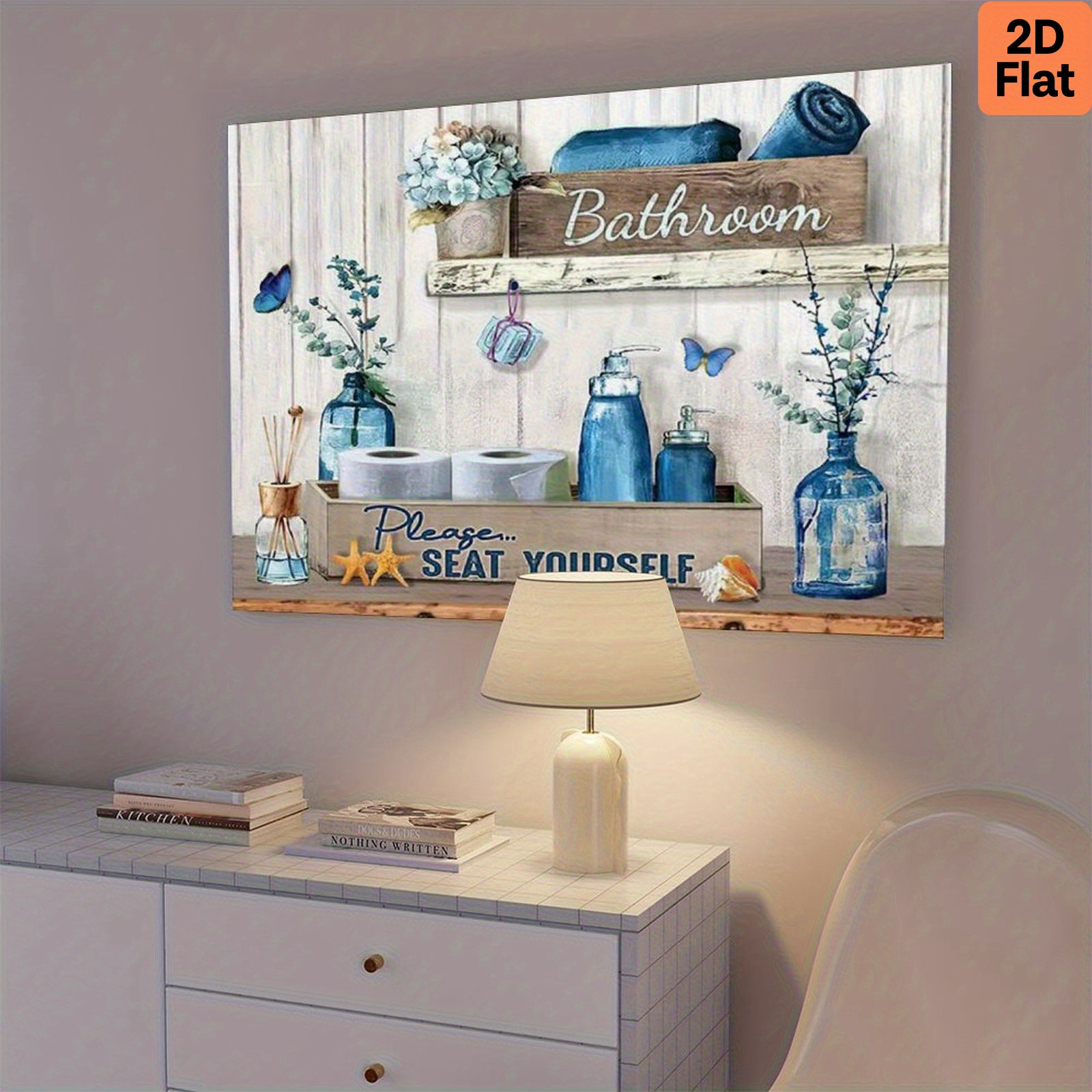 TEMU sur toile 2D plat avec cadre en bois rustique " vous asseoir " - Décoration murale humoristique pour salle de bain avec bocal Mason bleu et