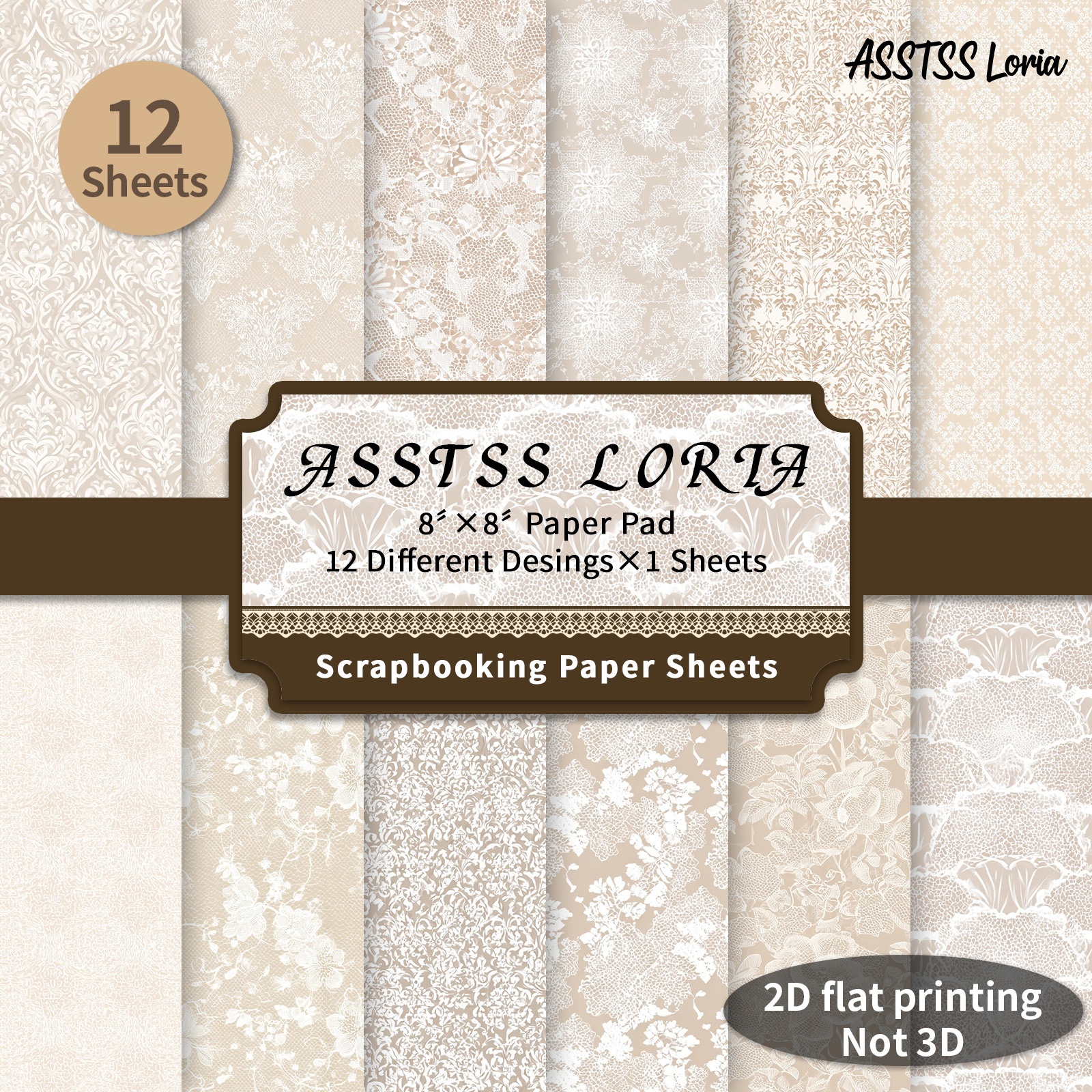 TEMU Lot de 12 feuilles de papier scrapbooking ASSTSS Loria 8 X 8 pouces, papier de fond en dentelle /2D, papier cartonné épais pour journaling, art