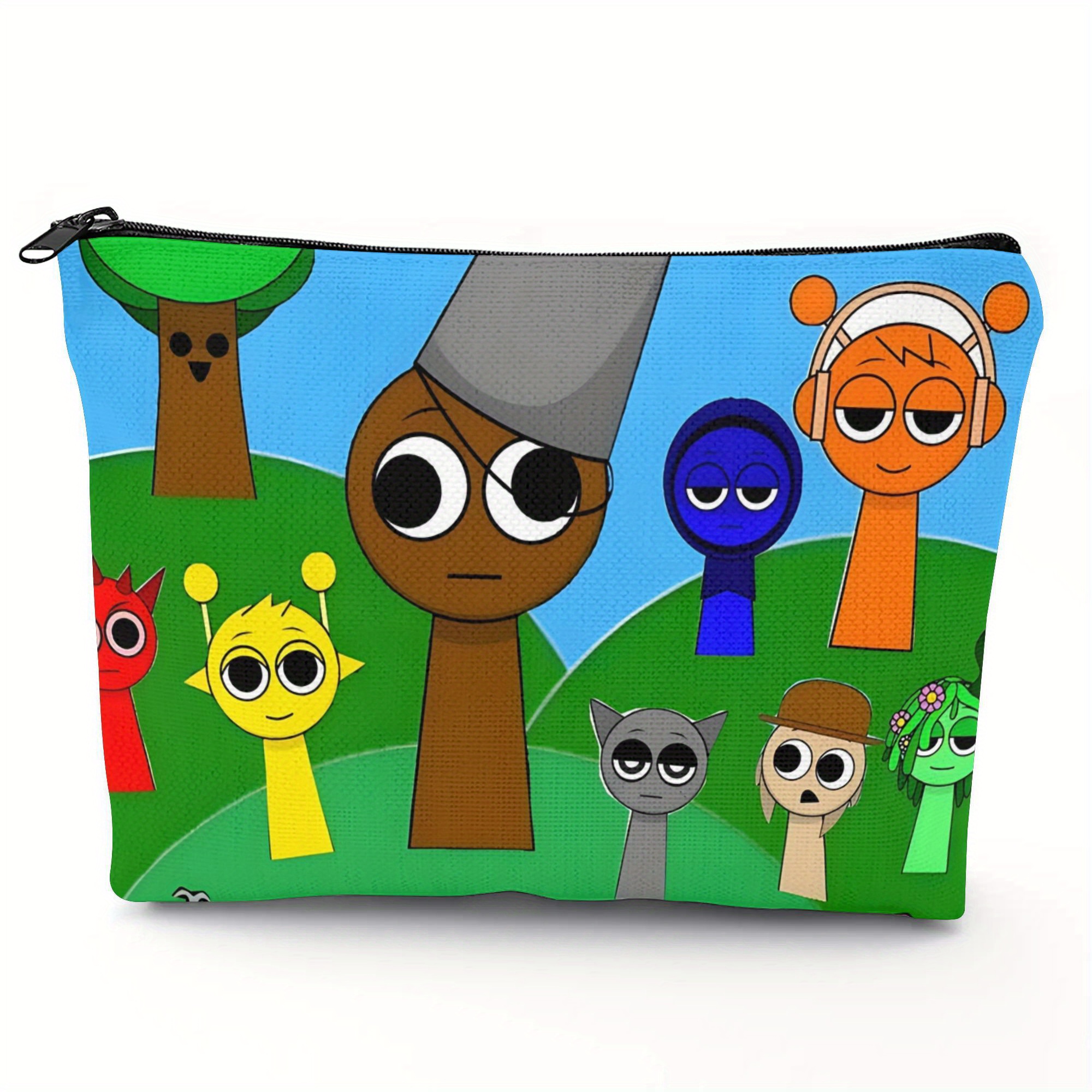 TEMU Sprunki Travel Makeup Bag - Stylish Polyester Organizer With Zipper, Weekend Trips & Short Getaways, Beige With Colorful Design, Makeup Travel