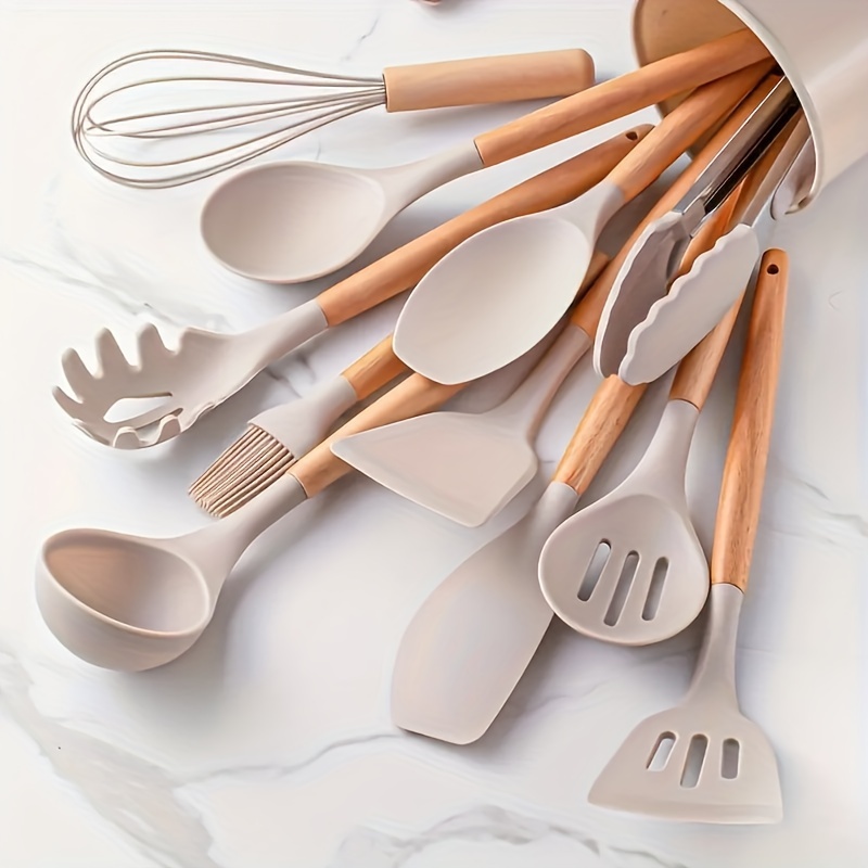 TEMU Ensemble d'ustensiles de cuisine en silicone 12 pièces avec support | Comprend spatule, pinces, cuillère à trous, spatule, fouet, brosse, manche