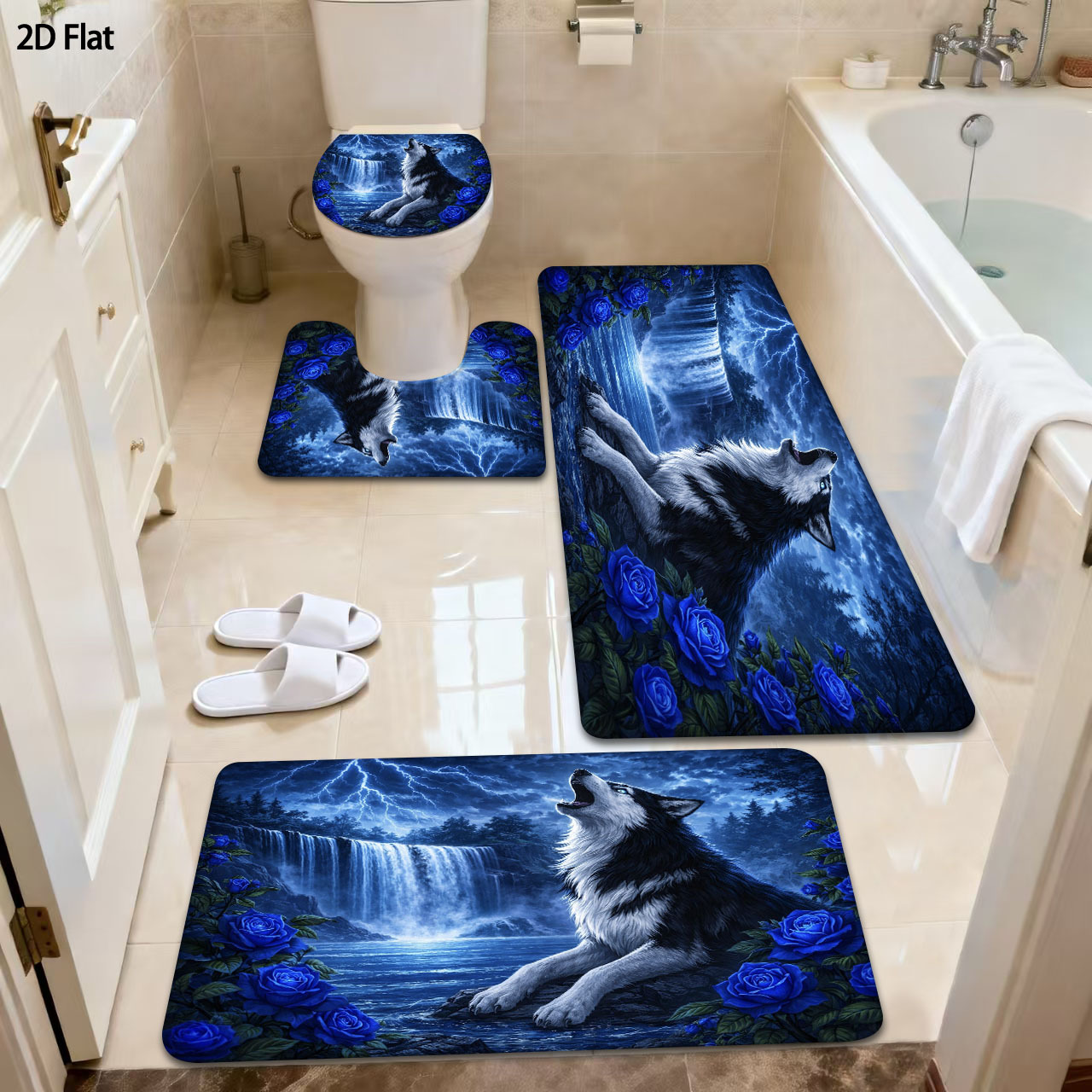 TEMU 2d Flat 3/4pcs Bathroom Non-slip Mat Set, Wolf And Waterfall Blue Rose, Home Decor Shower Entrance Absorbent Mat, Soft -dry Carpet For Home Use,