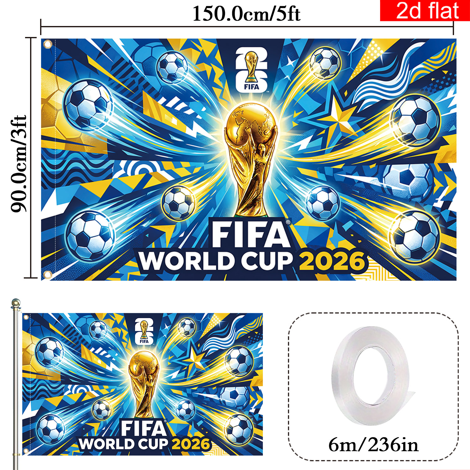E-shop 2D-Flach, 2D-Flach-Banner, ., 2026 USA-Kanada-Mexiko Fußball-Weltmeisterschaft Flaggen-Banner, 3*5ft, mit WM-Logo, Fußball- WM-Pokal-Design, für