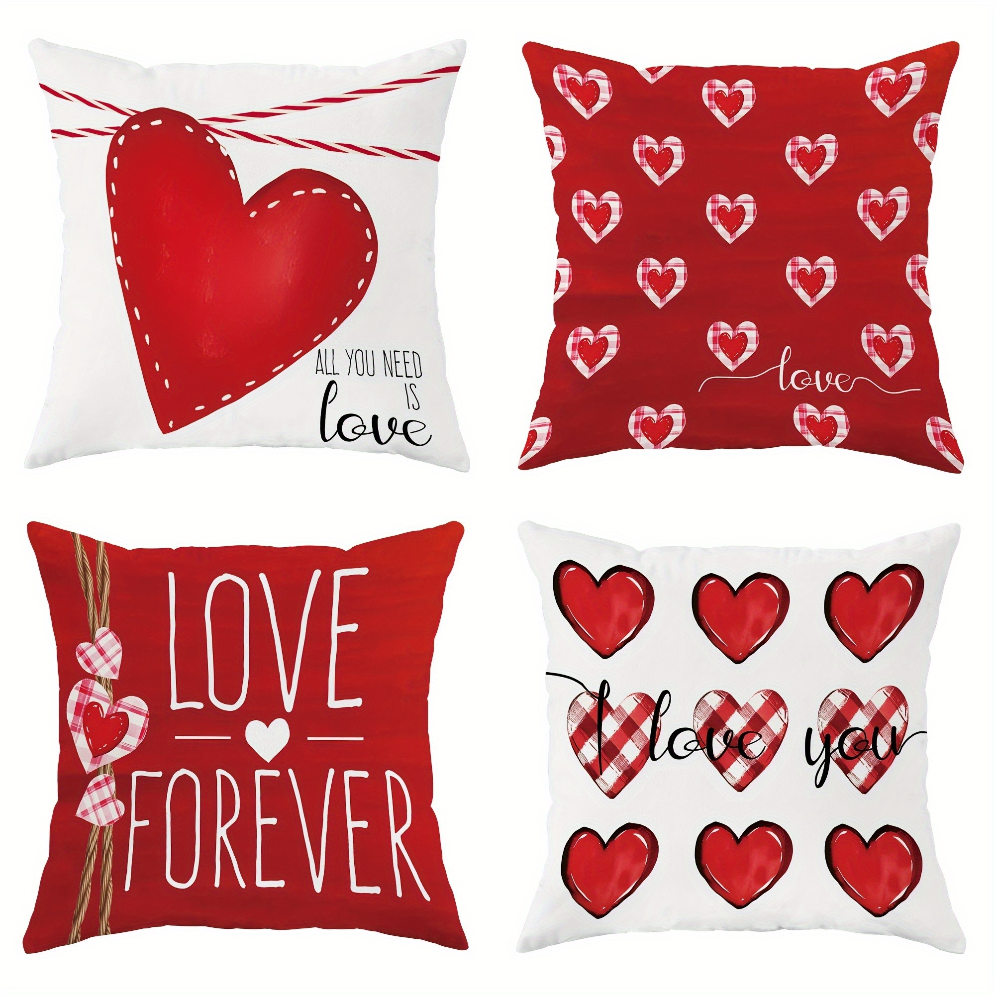 

4pcs Vintage Style Valentine's Day Pillow Covers, Heart Pattern, Soft Polyester Cushion Cases With Zipper, Hand Washable Decorative Throw Pillowcases For Living Room Sofa - Pillow Inserts Not Included