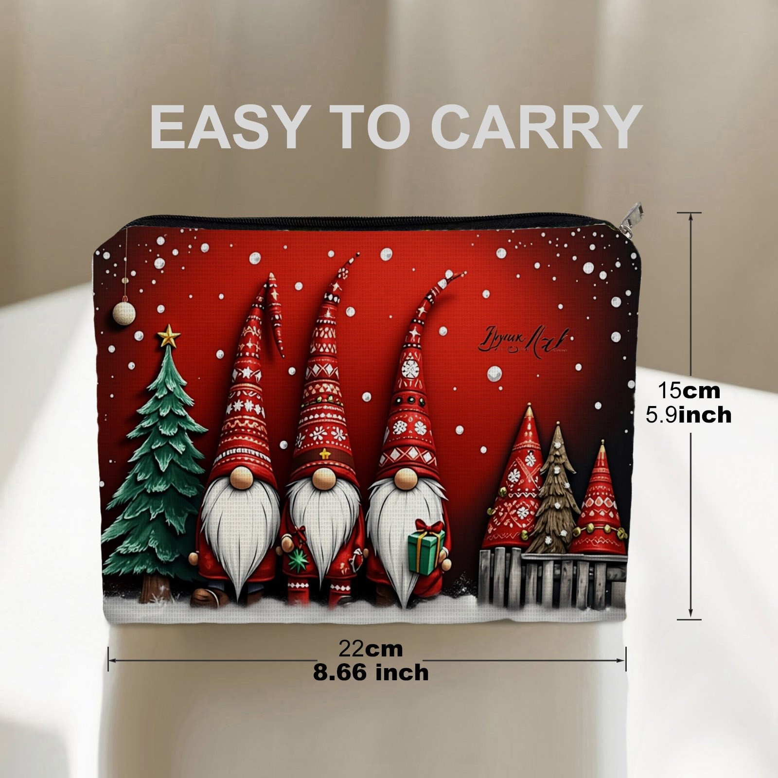 TEMU 1pc Christmas Gnome Print Cosmetic Bag, Double-sided Design, 5.9in X 8.66in Polyester Makeup Pouch, Festive Holiday-themed Toiletry Bag, Perfect