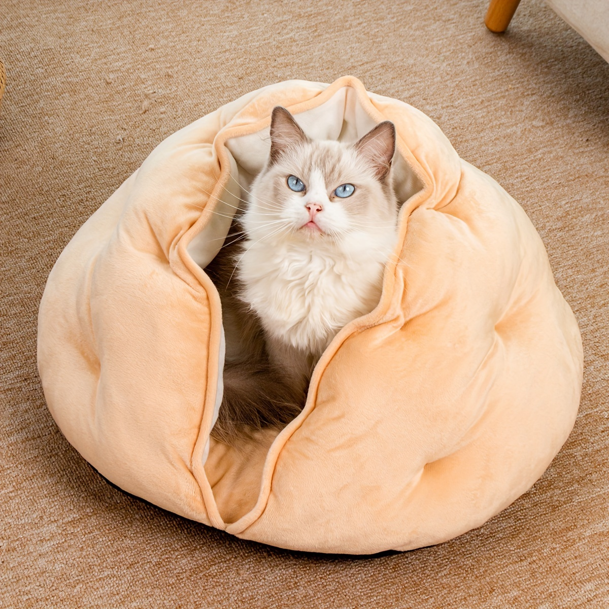 cozy plush khaki pet bed for cats small dogs thick warm soft polyester nest with full coverage design   for medium sized pets durable easy clean indoor bedding bed for   owners   fabric home pets Product details 6