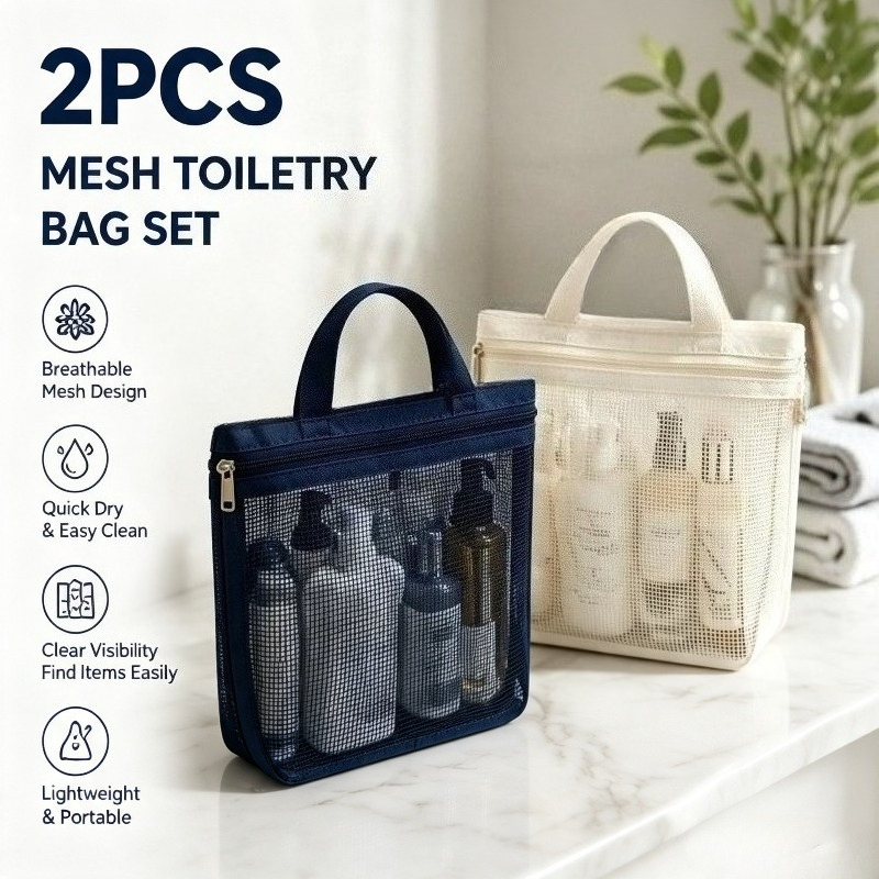 TEMU 2pcs Mesh Toiletry Bag Set, Travel Makeup Organizer Bag With Zipper, Portable Cosmetic Storage Pouch For Bathroom, Vacation, Gym