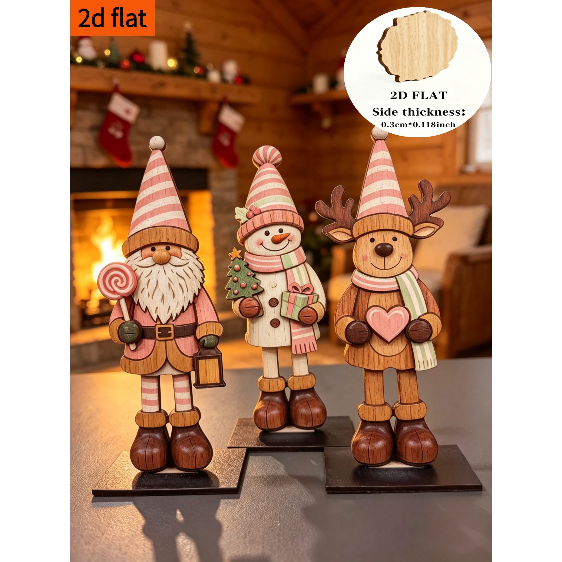 TEMU Ensemble de 3 ornements de Noël sur pied en bois à thème rose, plats 2D, avec : un gnome, un de neige et un . présente une impression de veinage