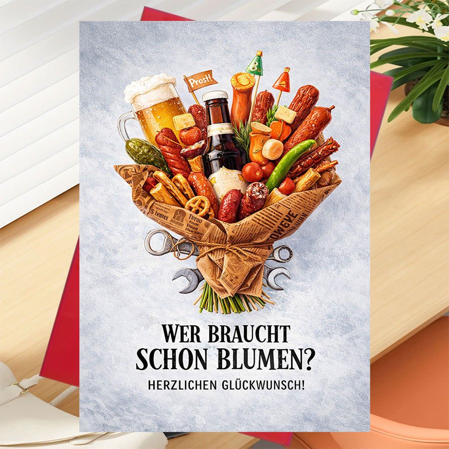 E-shop Eine Grußkarte mit einer Umschlag, entworfen für Männer, um besondere Anlässe zu würdigen, mit einer Auswahl an Bier, Würstchen und Snacks