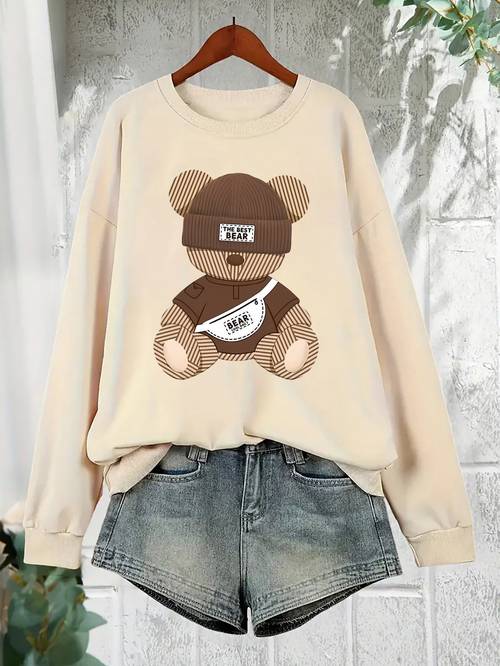 womens the best bear graphic print sweatshirt gray stretchy pullover with teddy long sleeve round neck casual clothing for adults machine washable everyday outfit stylish clothing able material printed hoodie alternative streetwear style
