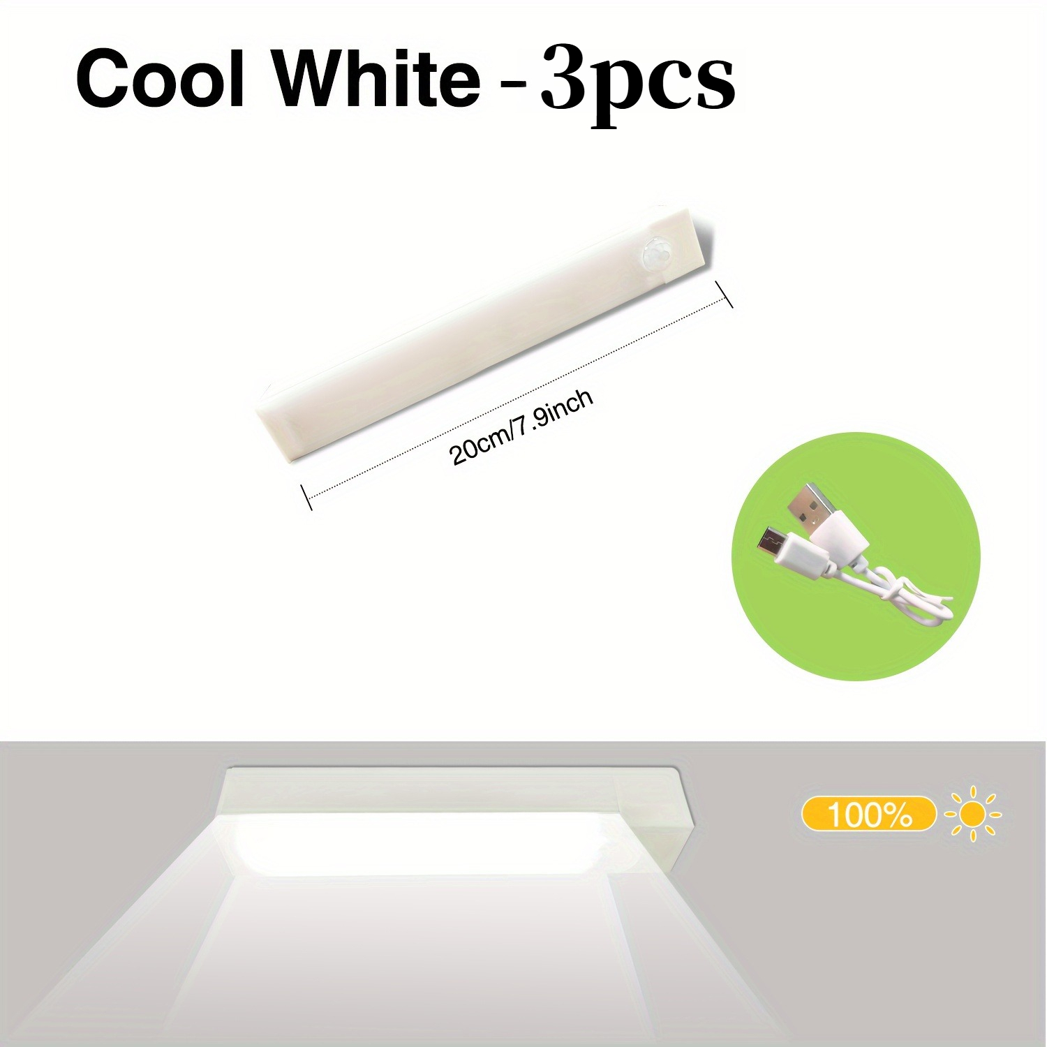TEMU 3pcs Lampes LED à Détecteur de Mouvement, Veilleuses Rechargeables, Installation Facile Adhésif Magnétique Lampes d'Armoire, Convient pour