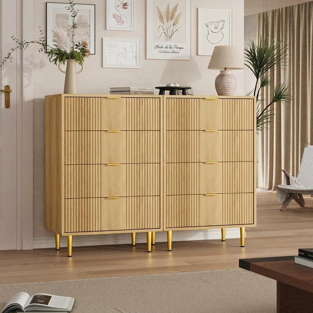 Image of Modern Space- Design, Tall Wooden Bedside Cabinet With 4 To 5 Drawers. Metal Handles And Grooved Panel Create Stylish Look, Perfect For Bedroom Living Room Hallway Storage. In White And Olive Green