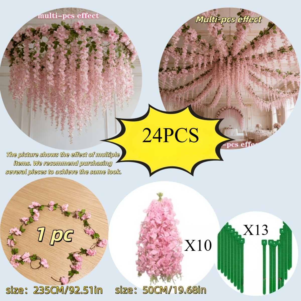 TEMU 24pcs Artificial Pink Cherry Vine Pink Wisteria Flower Strip Combination Flower Vine. Fake Flower Combination Vine, With Matching Adjustable Tie