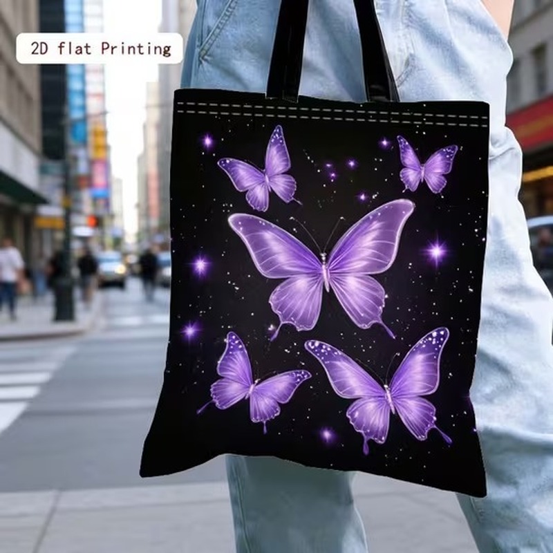 TEMU 1pc Tote Bag, Purple Glowing Starry Sky Pattern Tote Bag, New Large Capacity Style, Suitable For Shopping, Outdoor Travel, Strolling, College