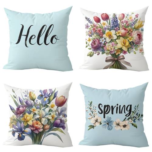 4pcs pillow combination and spring spring style colorful flowers decoration single sided printing excluding pillow core decorative pillow elegant pillowcase machine washable soft fabric cover decorative cushion
