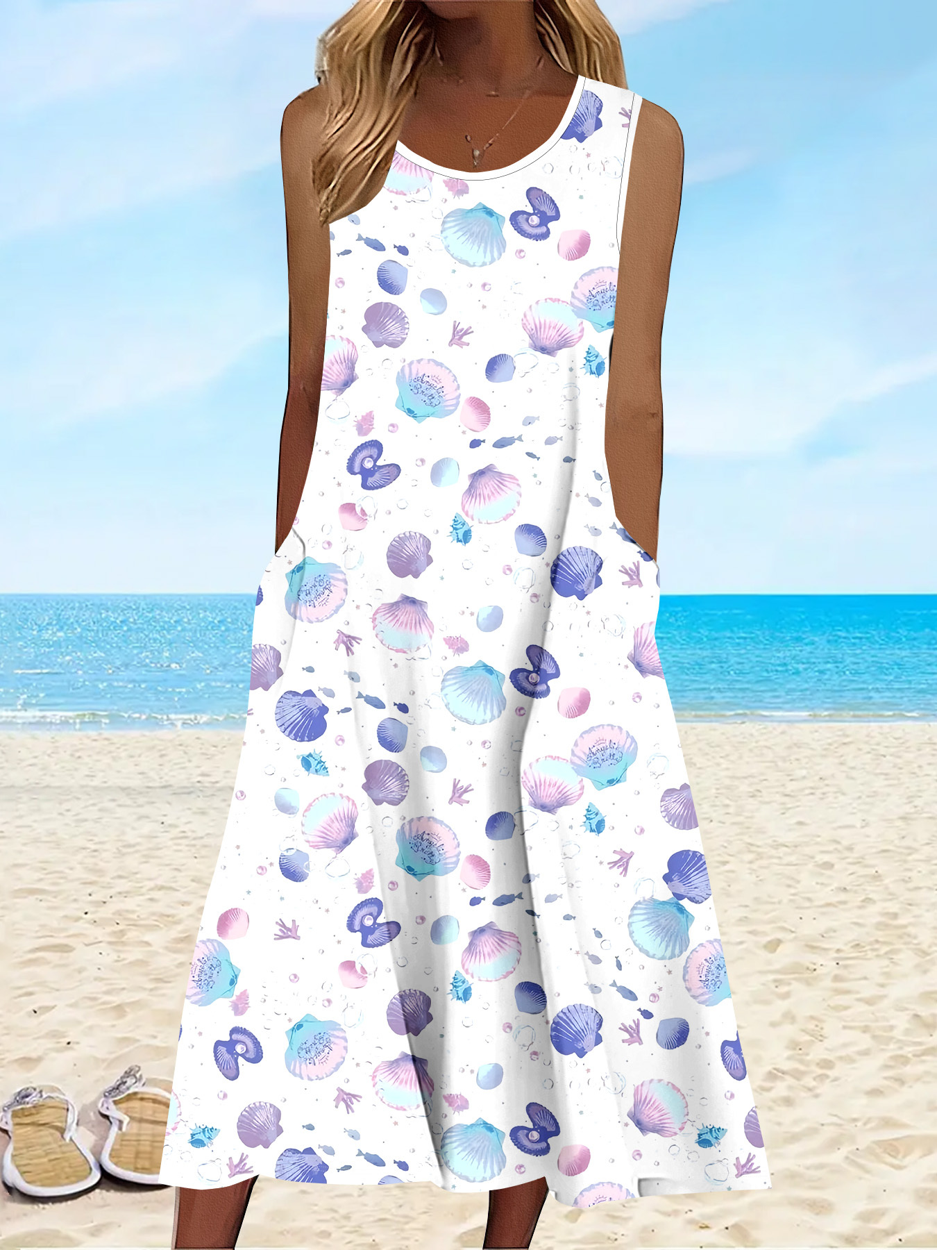 blue and white shell dress Sail To Sable Flutter Sleeve Dress