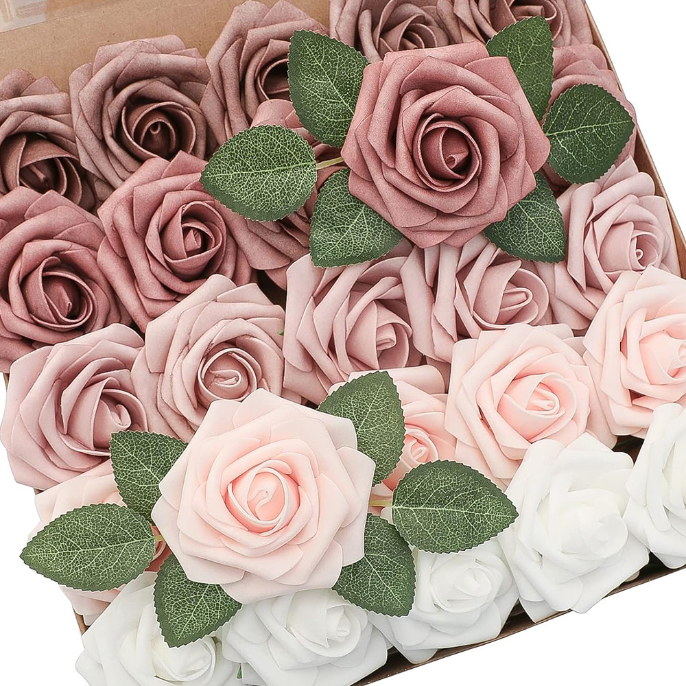 TEMU 24pcs Artificial Rose Flower Set | Includes 22 Roses And Leaves | Realistic Diy Foam Floral Decor For Wedding Bouquets/centerpieces, Outdoor
