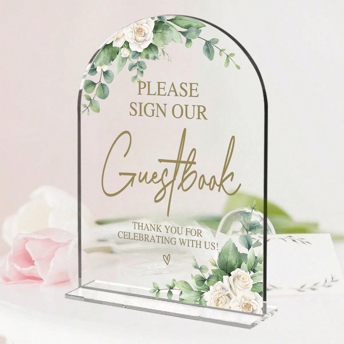 TEMU 2d Flat, 2d Acrylic Arched Tabletop Decorative Ornament, Fresh Watercolor White Rose And Eucalyptus Leaf Guest Board, Wedding Engagement Banquet