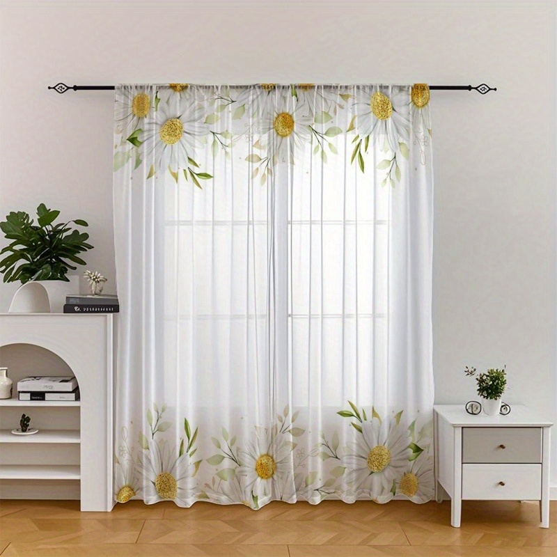 TEMU 2pcs Rideaux de fenêtre floraux pâturage et avec marguerites - Rideaux 100% polyester transparents filtrant à poche pour tringle, lavables en