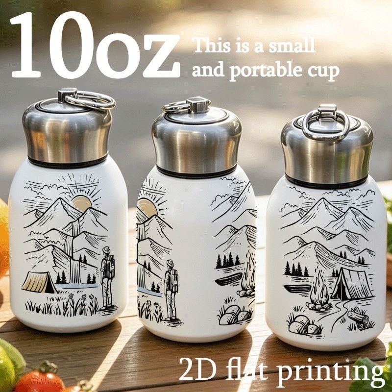item picture 1pc 10oz 300ml 2d printed water bottle with lid mug   tumbler stainless steel twist on lid with lifting ring two line   show   one has a hiker by mountains with a waterfall   a campsite with a c
