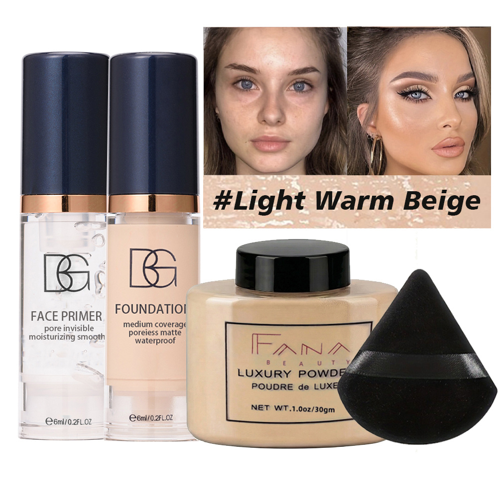 4pcs Flawless Base Makeup Set Suitable For Skin Types - Pore Primer, Liquid Foundation, Loose Powder & Soft Puff | Full Coverage Oil With Coverage, Liquid Foundation For /medium Tones, No Gift Box