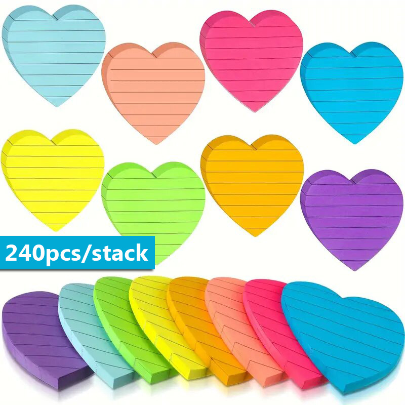 

240pcs Fluorescent Heart Notes Set - 8 Vibrant Colors, Lined Adhesive Memo Pads For Students & Office, Cute & Message Stickers