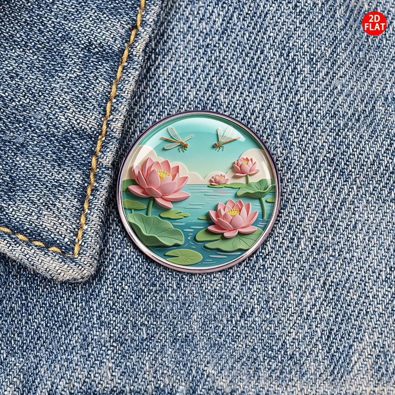 2D Flat Lotus Pond Brooch, Elegant Accessory