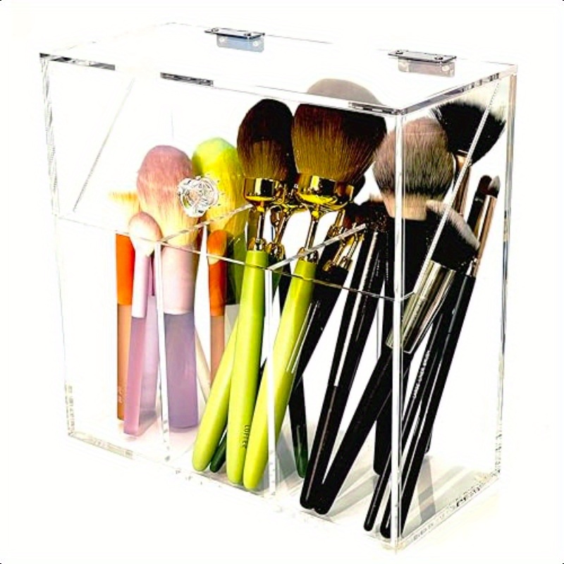acrylic makeup organizerclear cosmetic brush storage box with 3 brush holders makeup brush holderwith dust cover largecapacity split design can quickly organize the desktop no pearls Product details 0